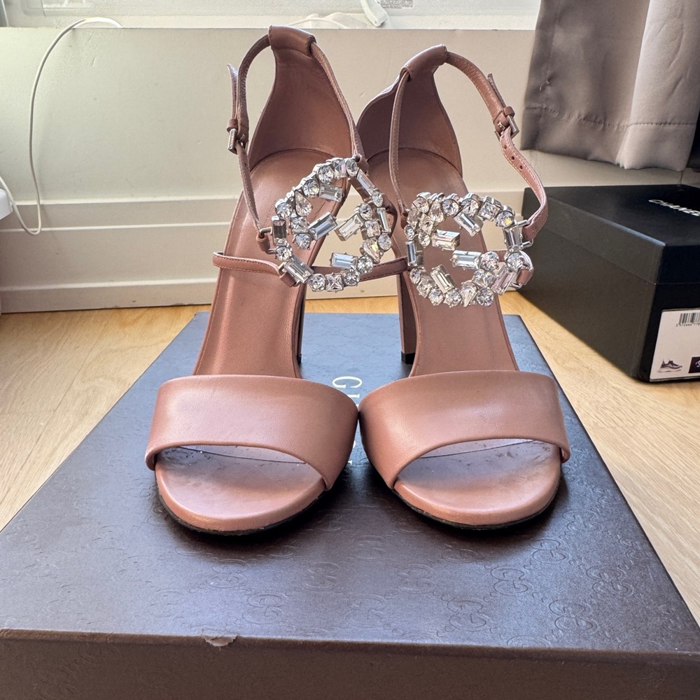 GUCCI | GG Crystal Embellished Nude Leather High Heel Strappy Sandal EU 36 US 6 - Picture 2 of 10